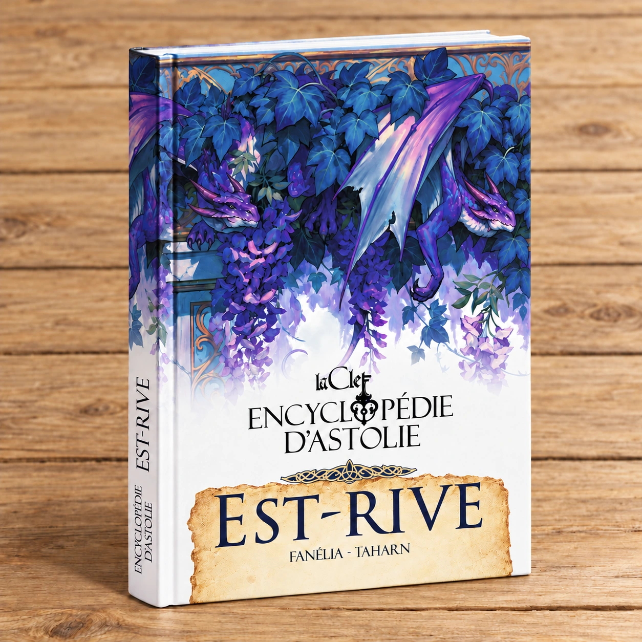 Encyclopédie Est-Rive — rendu 3D sur fond bois