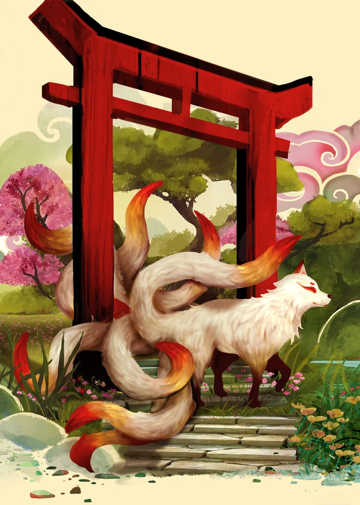 Renard fantastique dans un jardin japonais