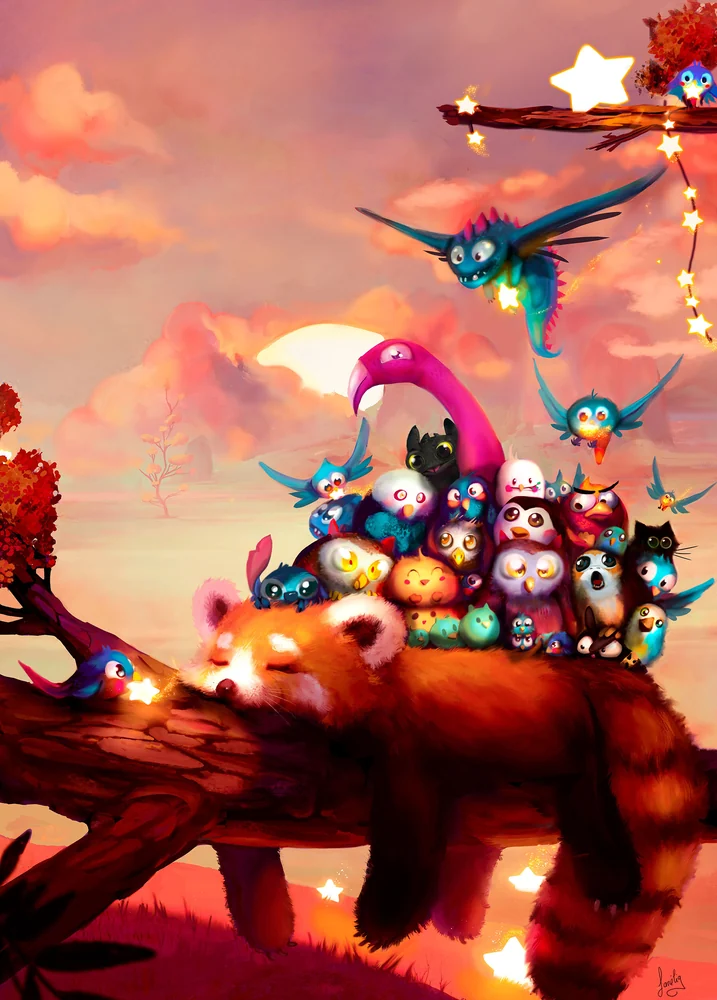 Panda roux et petites créatures fantastiques
