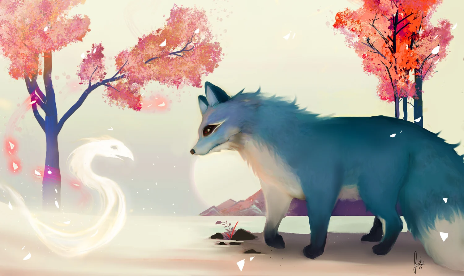 Rencontre entre un renard et un esprit lumineux