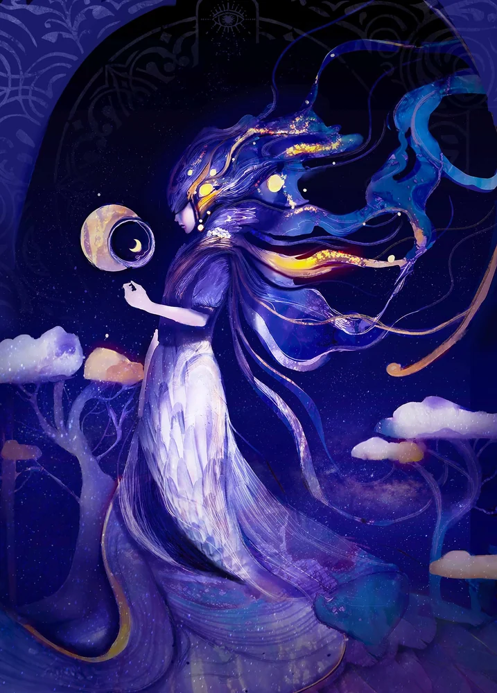 Figure féminine dans un univers céleste violet et or